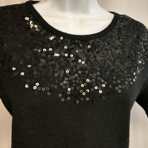 Tahari Sequin Pullover Short Sleeve Knit Sweater Black Size 8 - Picture 4 of 9